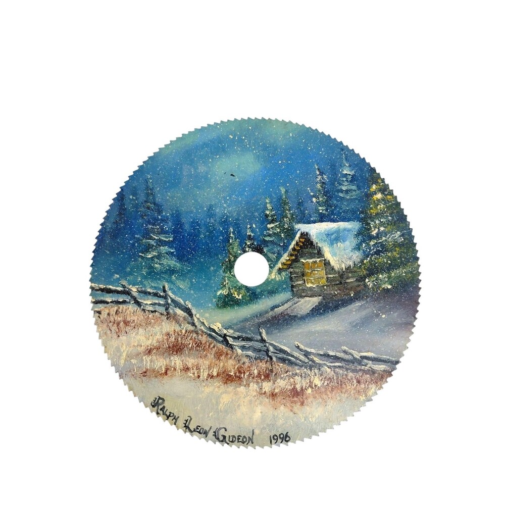Oil Painting On Saw Blade Vtg Winter Cabin Starry Night Snowy Pasture Signed 6"